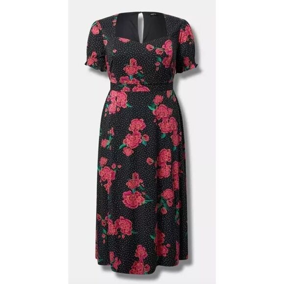 Torrid Tea Length Stretch Challis Sweetheart A-line Dress Rema Pop Floral | M/L - Picture 1 of 15